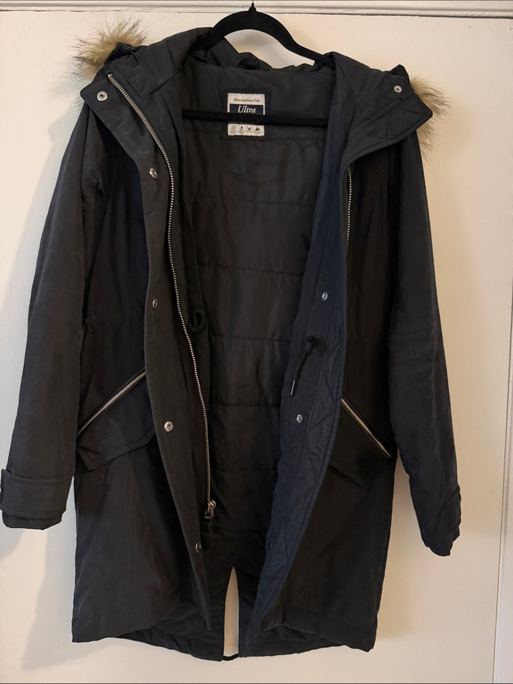 Abercrombie Black Puffer Parka with Faux Fur Hood Jacket